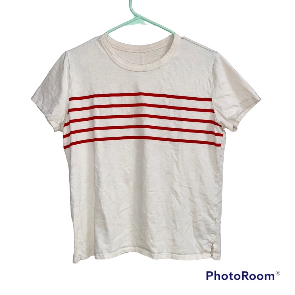 Cream White Red Striped Cotton Tee